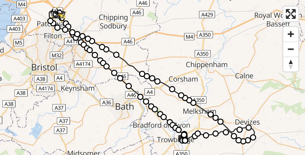 Flight path map showing Police Helicopter route from Almondsbury Helicopter Base to Almondsbury Helicopter Base