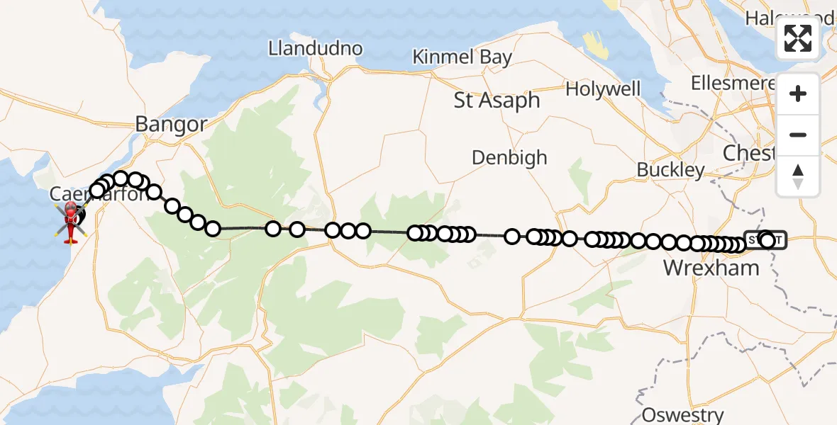 Flight path map showing Air Ambulance Helicopter route from Holt to Caernarfon Airport