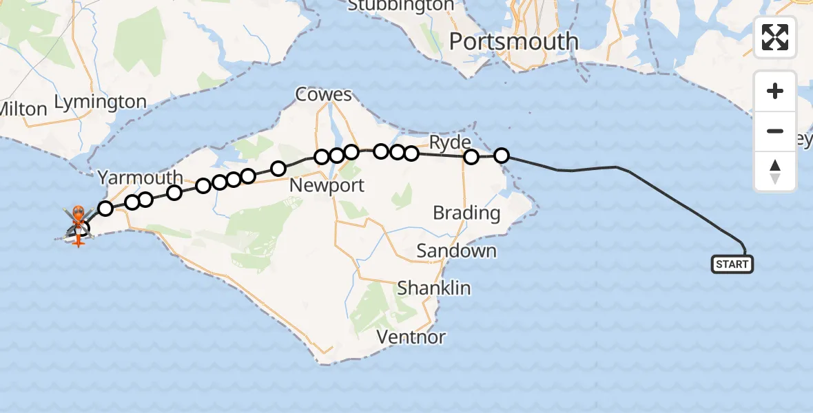 Flight path map showing Coastguard Helicopter route from English Channel to Totland