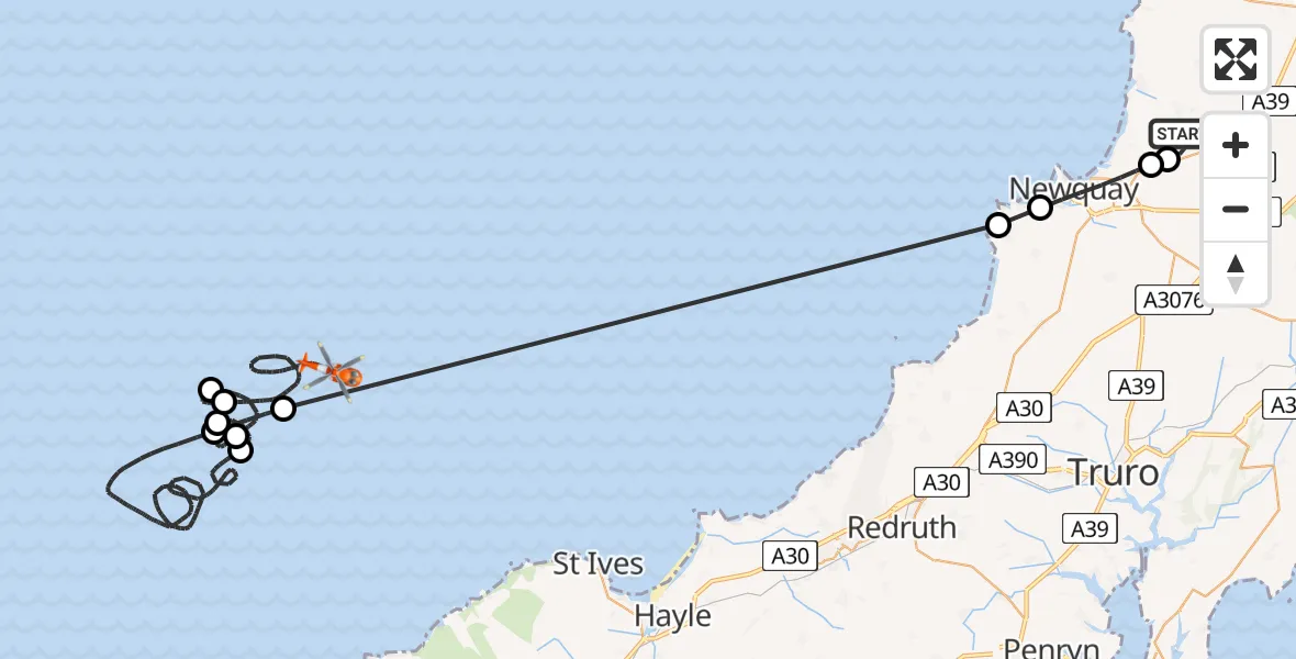Flight path map showing Coastguard Helicopter route from Cornwall Airport Newquay to Bristol Channel