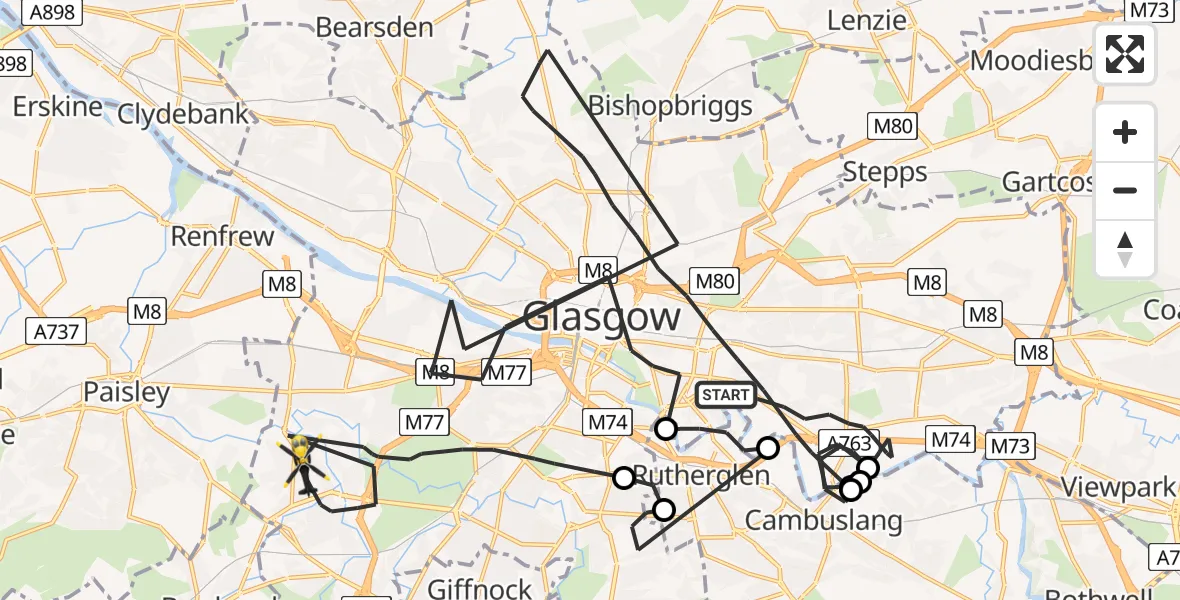 Flight path map showing Police Helicopter route from Glasgow to Glasgow