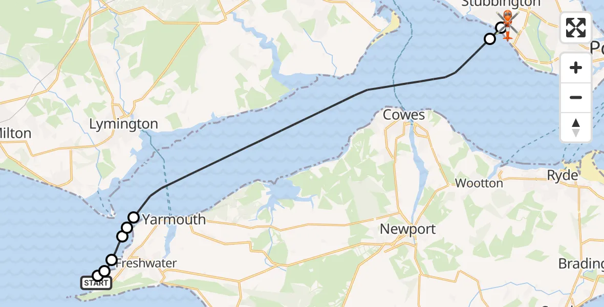 Flight path map showing Coastguard Helicopter route from Totland to Solent Airport