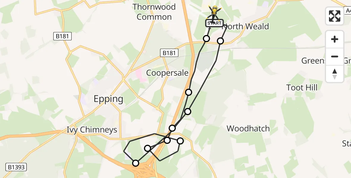 Flight path map showing Police Helicopter route from North Weald Airfield to North Weald Airfield