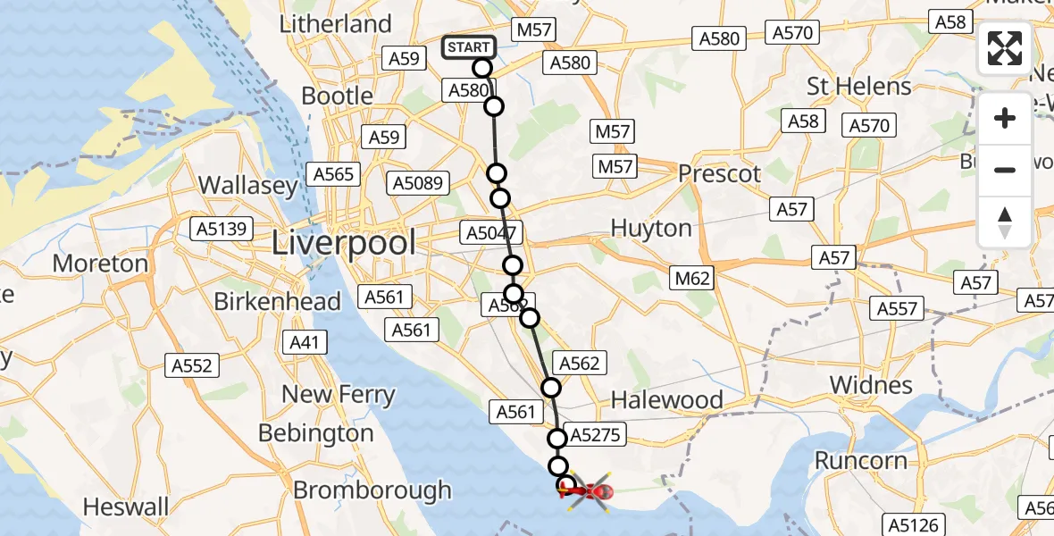 Flight path map showing Air Ambulance Helicopter route from Aintree University Hospital Heliport to Liverpool John Lennon Airport