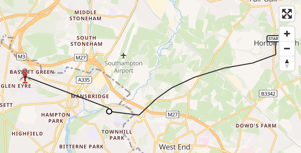 Flight path map showing Air Ambulance Helicopter route from Eastleigh to Glen Eyre