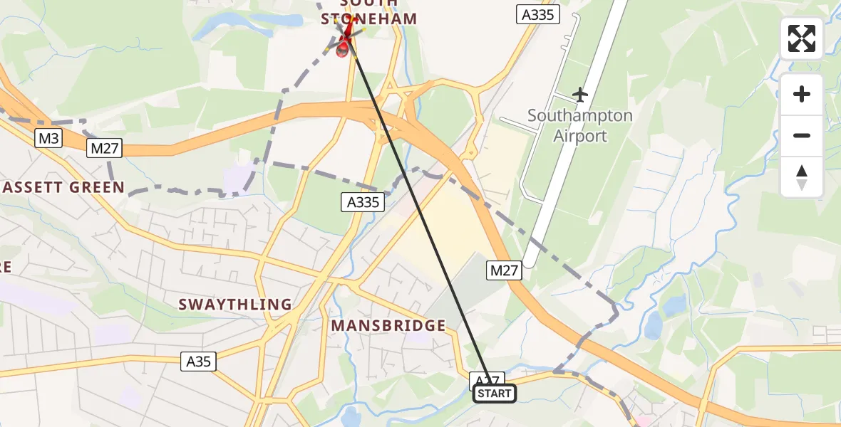 Flight path map showing Air Ambulance Helicopter route from Mansbridge to Eastleigh