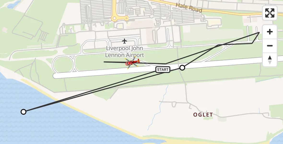 Flight path map showing Air Ambulance Helicopter route from Liverpool John Lennon Airport to Liverpool John Lennon Airport