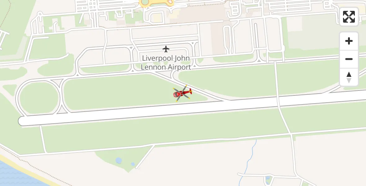 Flight path map showing Air Ambulance Helicopter route from Liverpool John Lennon Airport to Liverpool John Lennon Airport