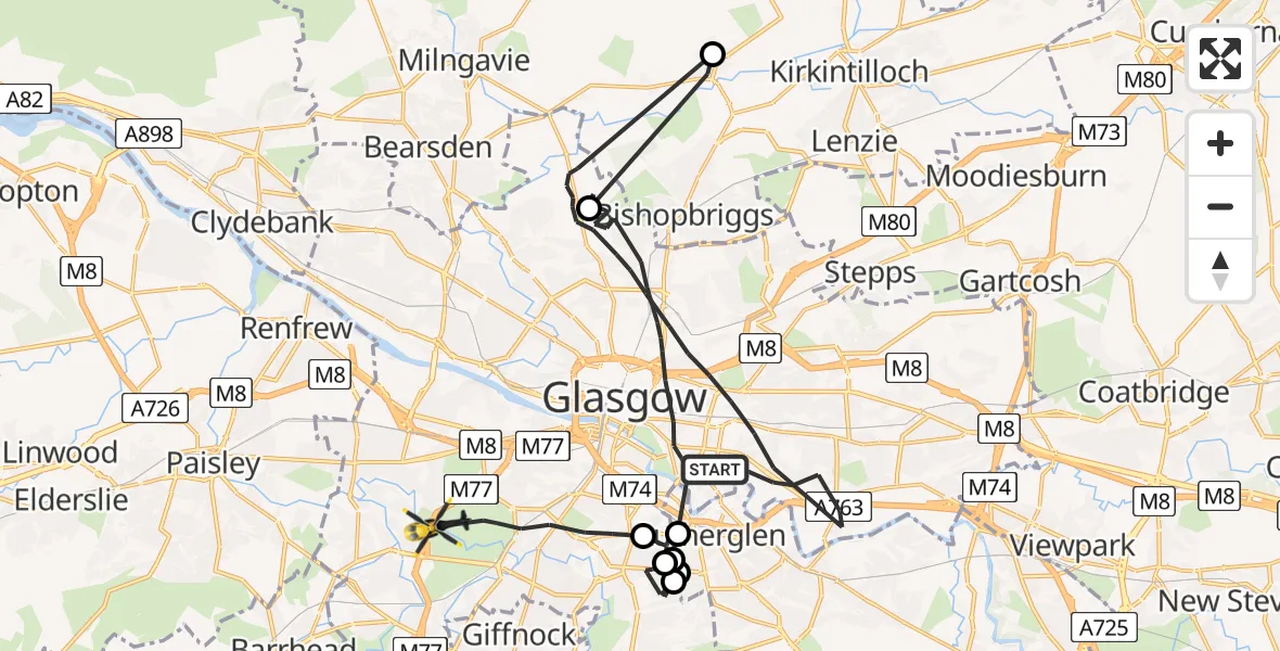 Flight path map showing Police Helicopter route from Glasgow to Glasgow
