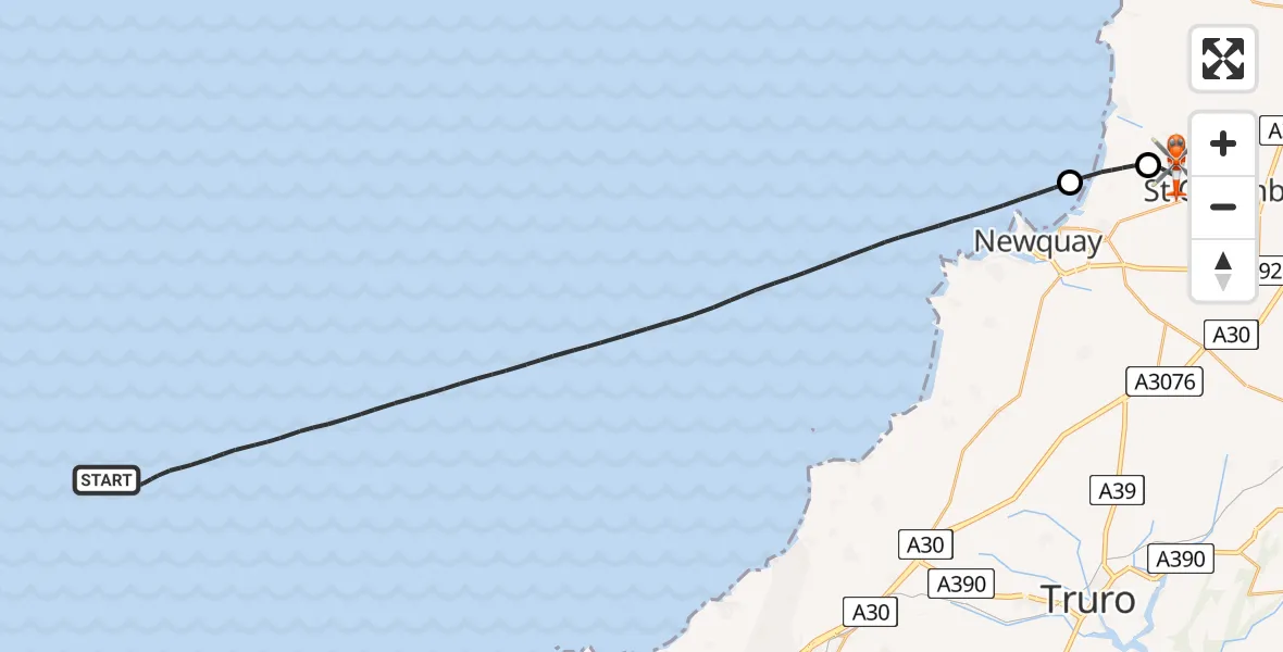 Flight path map showing Coastguard Helicopter route from Bristol Channel to Cornwall Airport Newquay