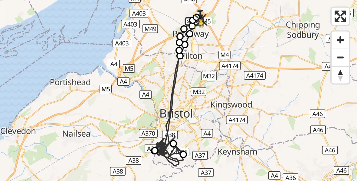 Flight path map showing Police Helicopter route from Patchway to Almondsbury Helicopter Base