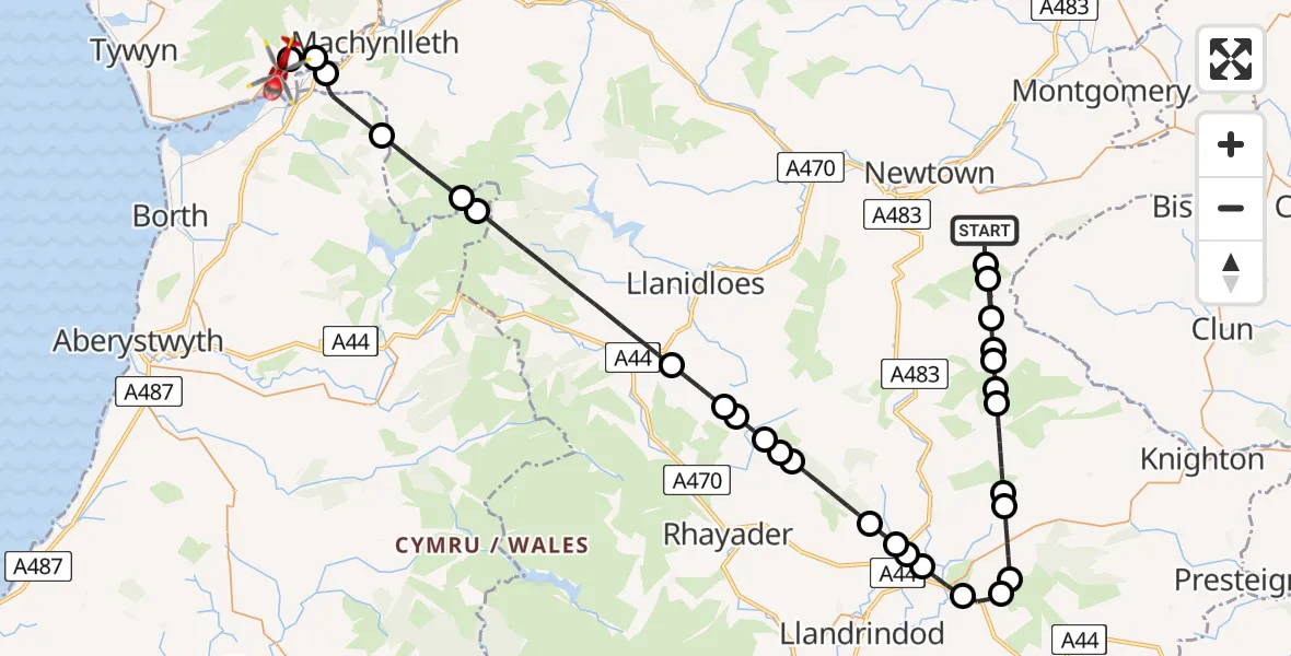 Routekaart van de vlucht: Air Ambulance Helicopter to Cwrt, A493