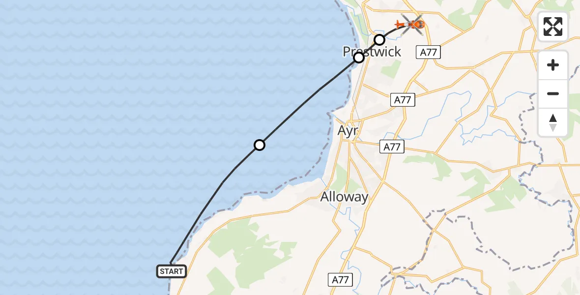 Flight path map showing Coastguard Helicopter route from Inner Seas to Glasgow Prestwick Airport