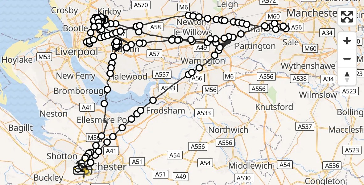 Flight path map showing Police Helicopter route from Hawarden Airport to Sandycroft