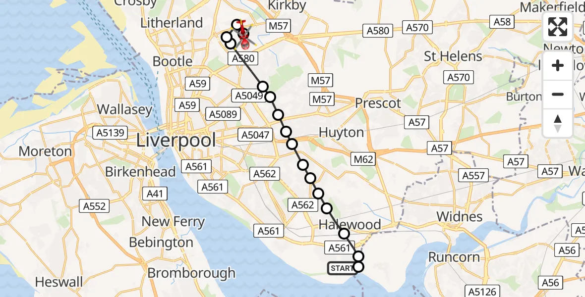 Flight path map showing Air Ambulance Helicopter route from Liverpool John Lennon Airport to Aintree University Hospital Heliport