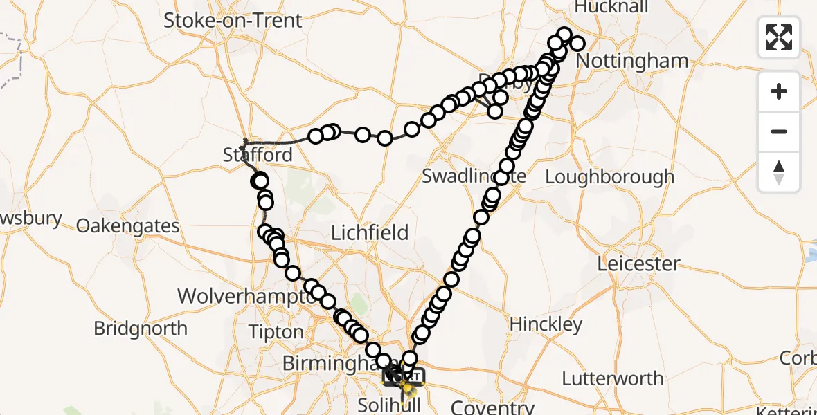 Flight path map showing Police Helicopter route from Birmingham Airport to Birmingham Airport