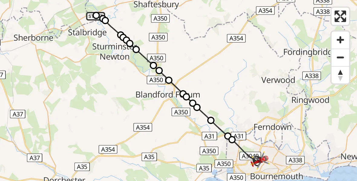 Flight path map showing Air Ambulance Helicopter route from Henstridge Airfield to Poole