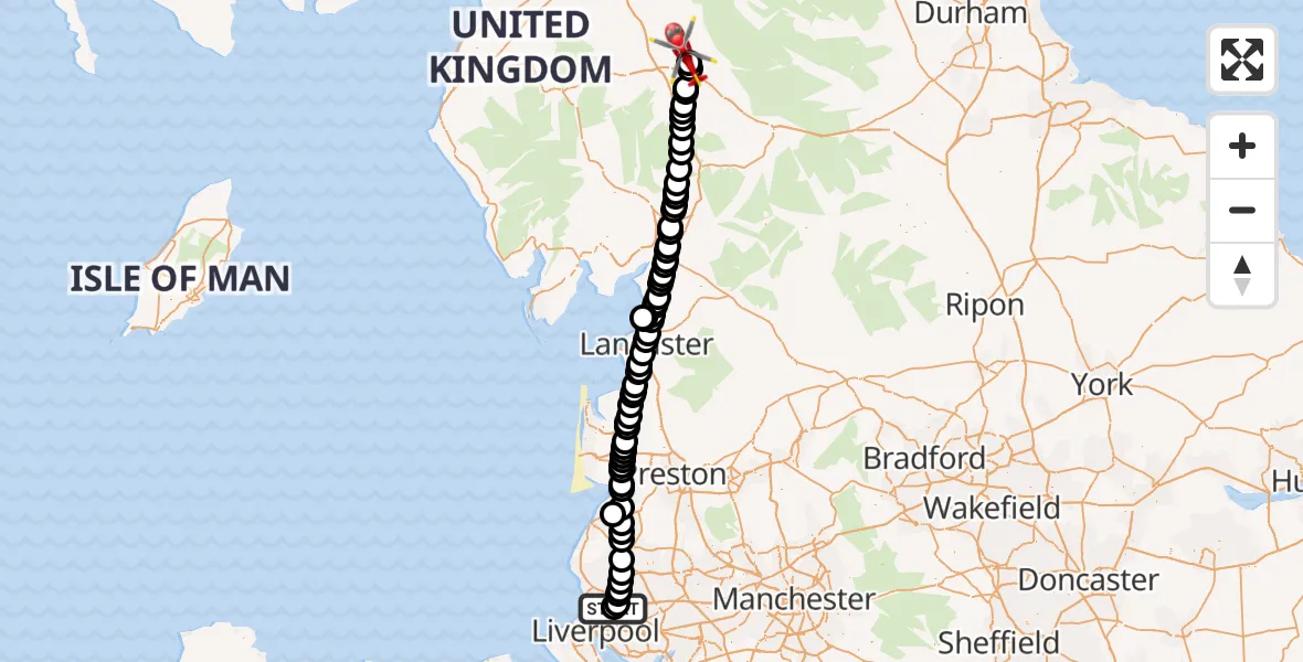 Flight path map showing Air Ambulance Helicopter route from Aintree University Hospital Heliport to Langwathby