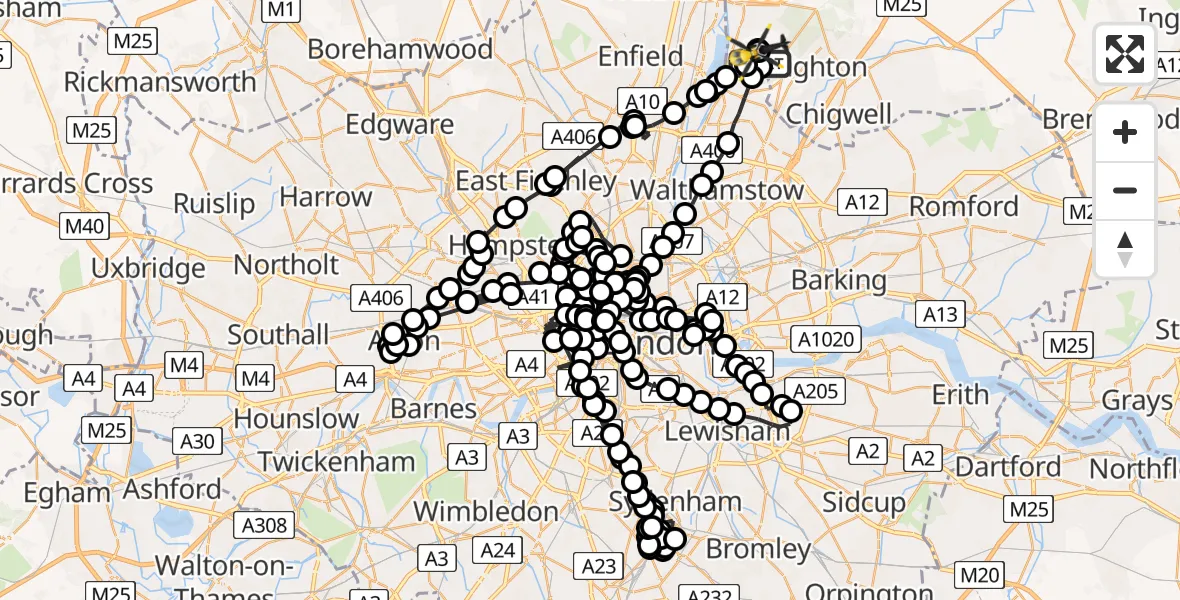 Flight path map showing Police Helicopter route from Metropolitan Police Air Support Unit Lippitts Hill to Metropolitan Police Air Support Unit Lippitts Hill