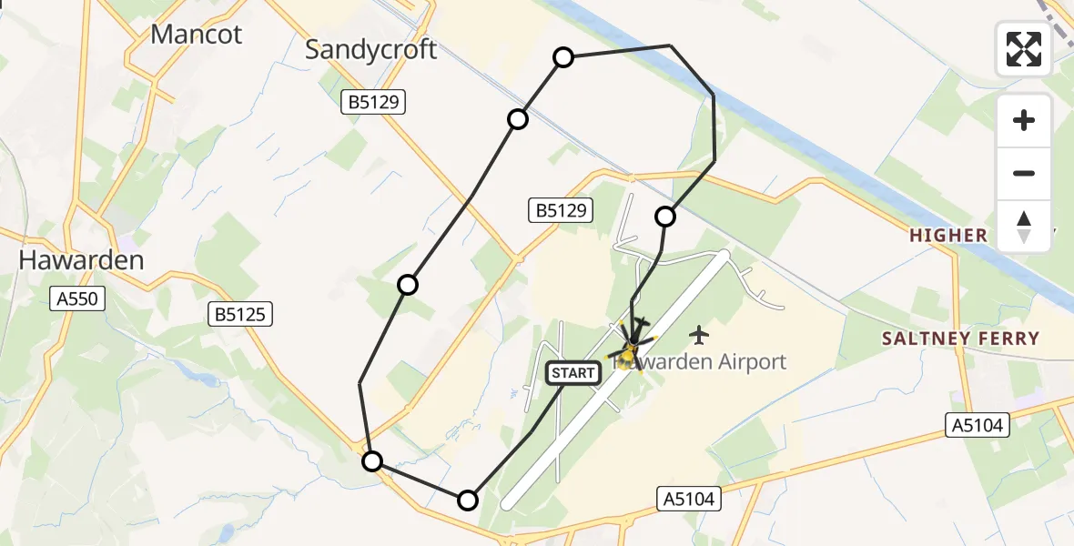 Flight path map showing Police Helicopter route from Hawarden Airport to Hawarden Airport