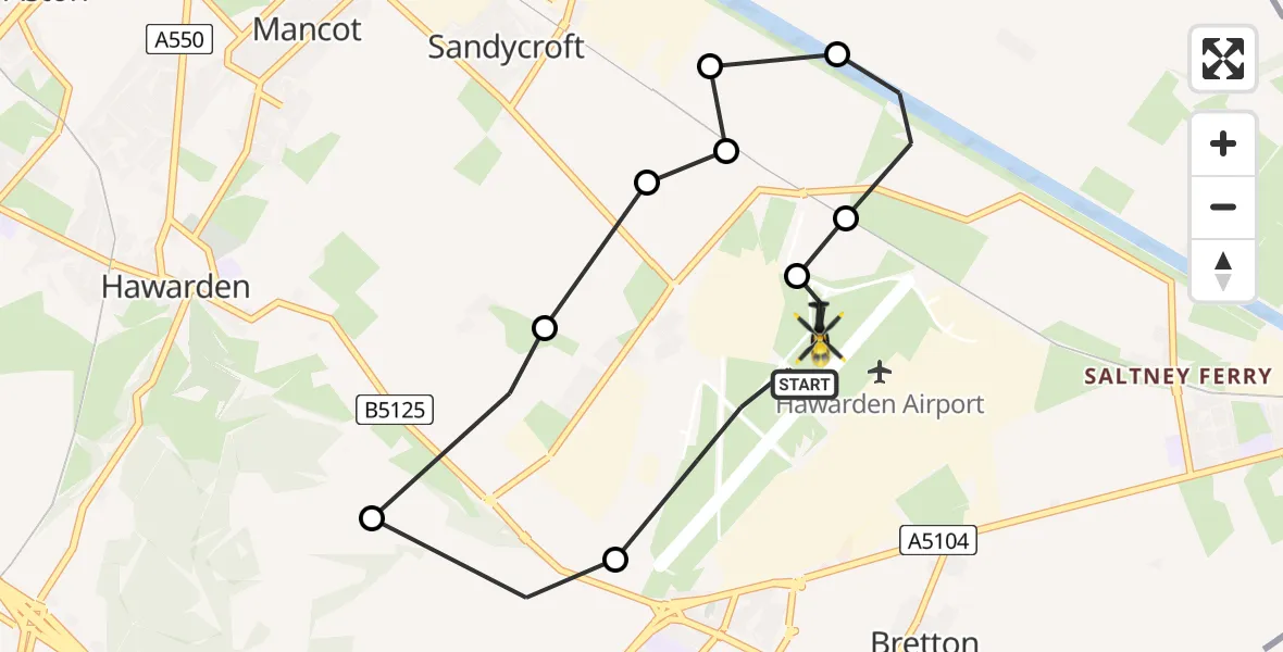Flight path map showing Police Helicopter route from Hawarden Airport to Hawarden Airport