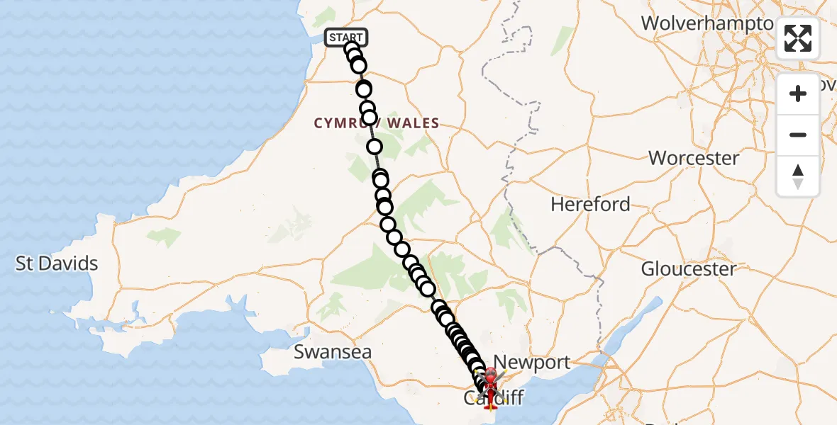 Flight path map showing Air Ambulance Helicopter route from Ysgubor-y-coed to Mynachdy