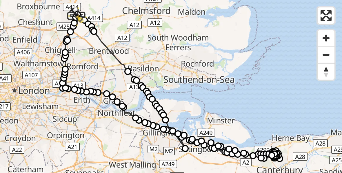 Flight path map showing Police Helicopter route from North Weald Airfield to North Weald Airfield