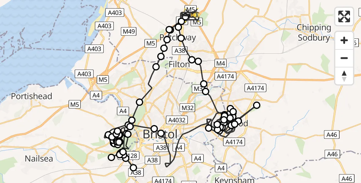 Flight path map showing Police Helicopter route from Almondsbury Helicopter Base to Almondsbury Helicopter Base