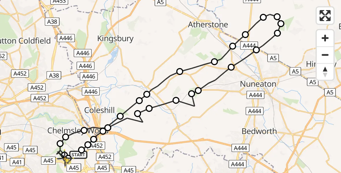Flight path map showing Police Helicopter route from Birmingham Airport to Sheldon