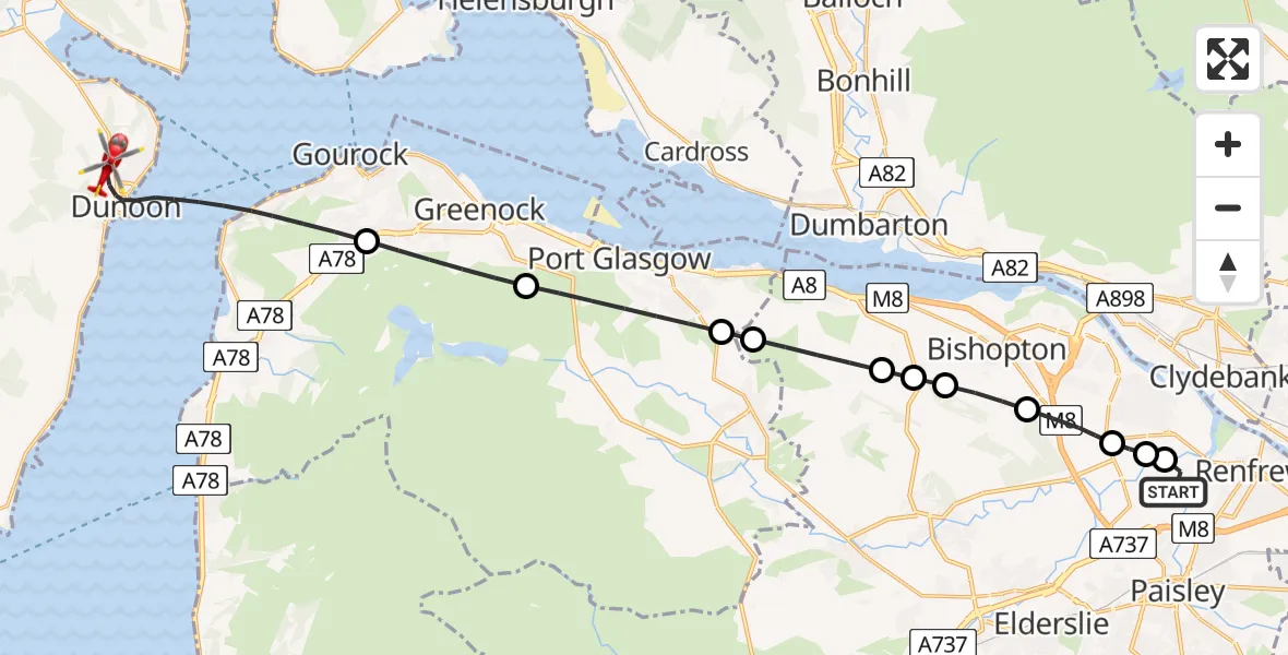 Flight path map showing Air Ambulance Helicopter route from Glasgow Airport to Inner Seas