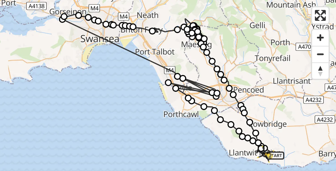Flight path map showing Police Helicopter route from MOD St Athan to Boverton