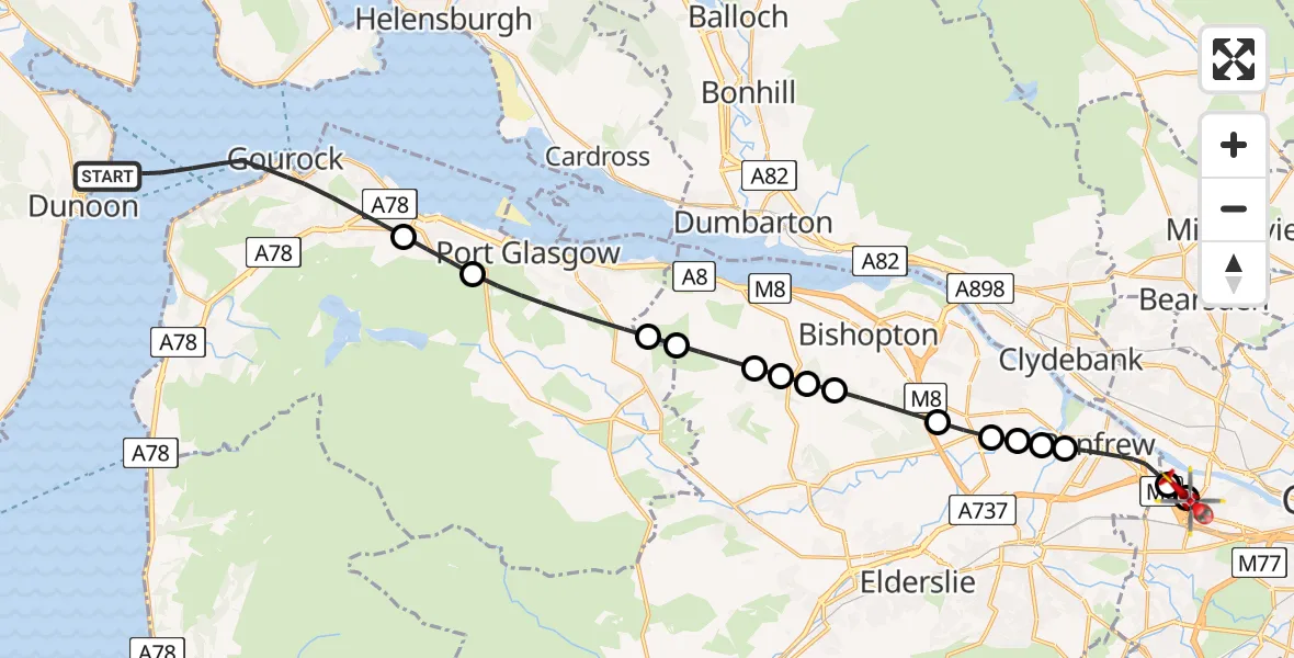 Flight path map showing Air Ambulance Helicopter route from Inner Seas to Queen Elizabeth Hospital