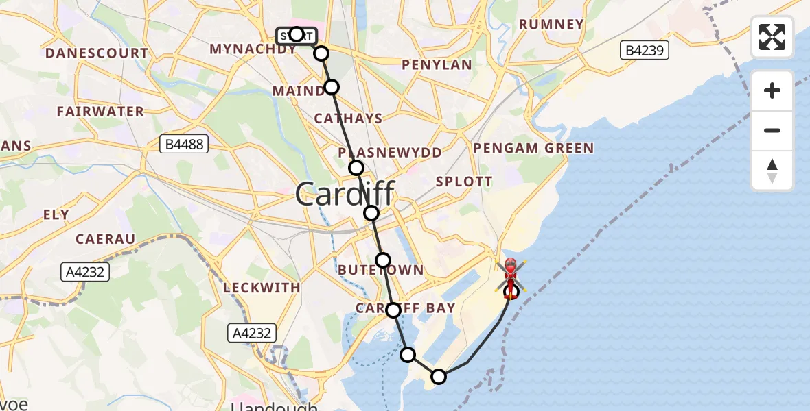 Flight path map showing Air Ambulance Helicopter route from Birchgrove to Cardiff Heliport