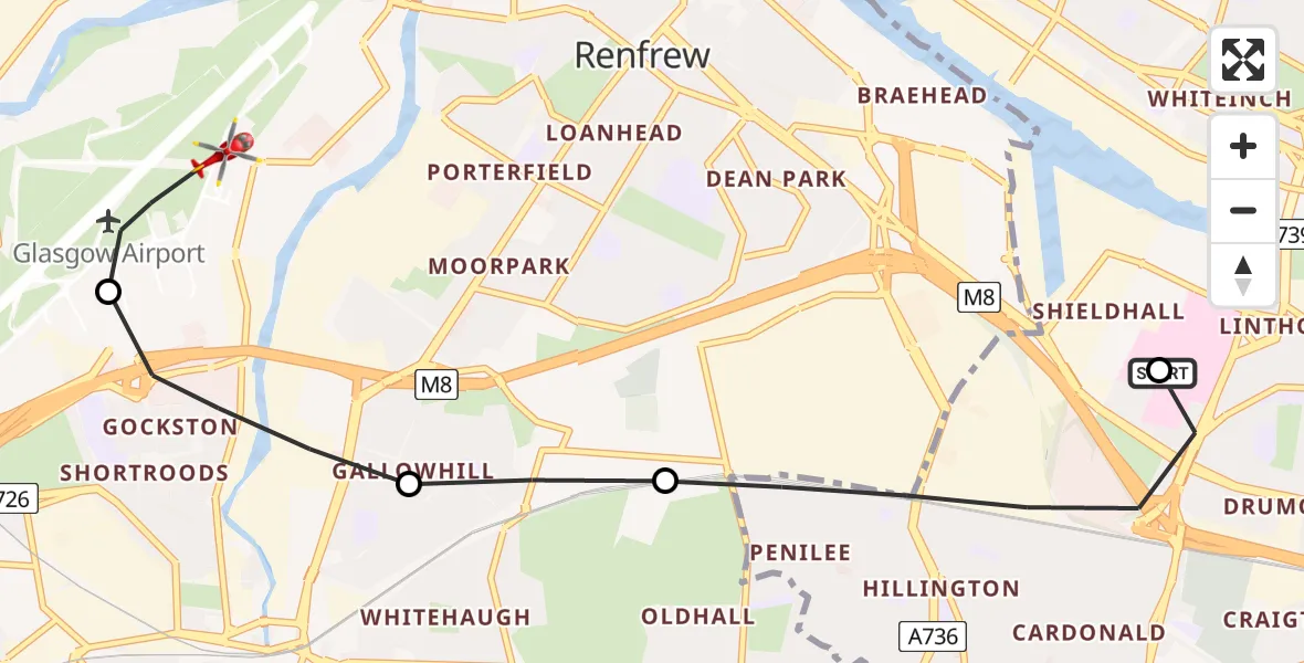 Flight path map showing Air Ambulance Helicopter route from Queen Elizabeth Hospital to Glasgow Airport