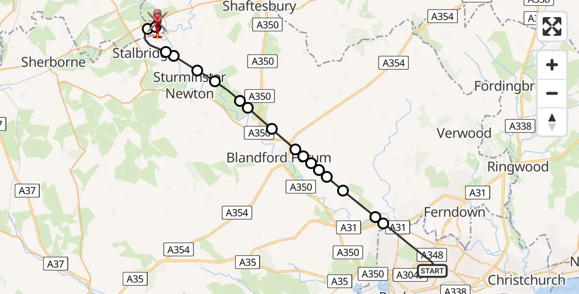 Flight path map showing Air Ambulance Helicopter route from Poole to Henstridge Airfield