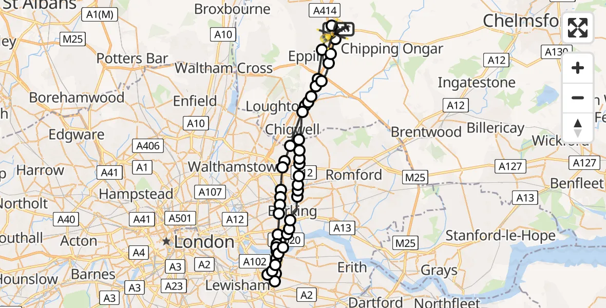 Flight path map showing Police Helicopter route from North Weald Airfield to North Weald Bassett