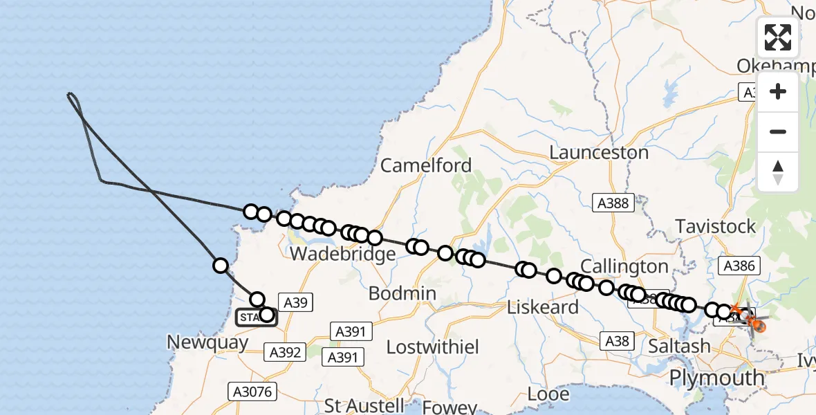 Flight path map showing Coastguard Helicopter route from Cornwall Airport Newquay to Bickleigh
