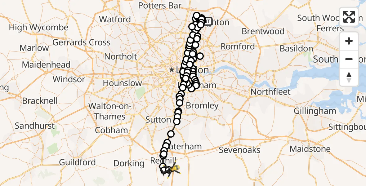 Flight path map showing Police Helicopter route from Metropolitan Police Air Support Unit Lippitts Hill to Redhill Aerodrome