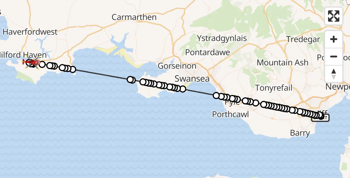 Flight path map showing Air Ambulance Helicopter route from Cardiff Heliport to Pembroke Dock