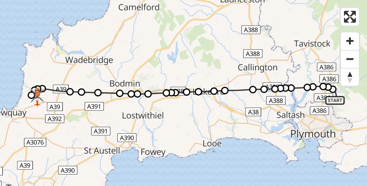 Flight path map showing Coastguard Helicopter route from Bickleigh to Cornwall Airport Newquay