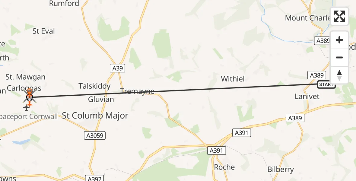 Flight path map showing Coastguard Helicopter route from Lanivet to Cornwall Airport Newquay