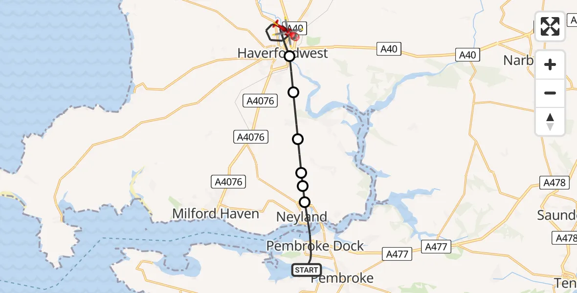 Routekaart van de vlucht: Air Ambulance Helicopter to Haverfordwest, Fishguard Road