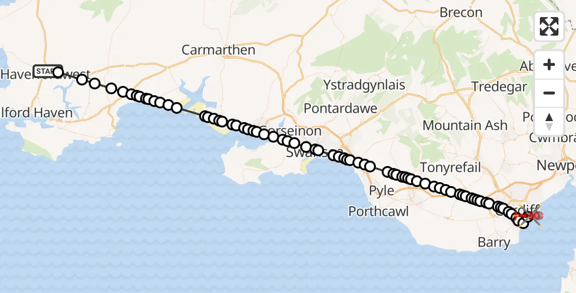 Flight path map showing Air Ambulance Helicopter route from Haverfordwest to Cardiff Heliport