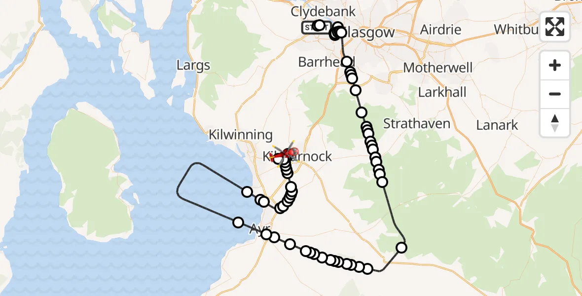 Flight path map showing Air Ambulance Helicopter route from Glasgow Airport to Crosshouse