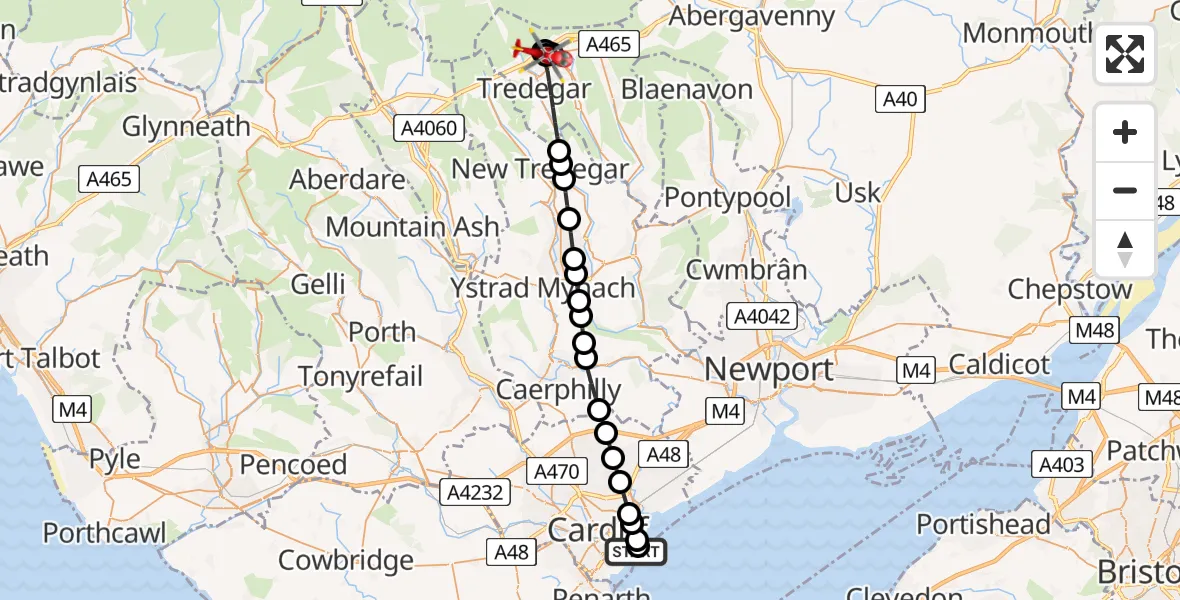Flight path map showing Air Ambulance Helicopter route from Cardiff Heliport to Tredegar