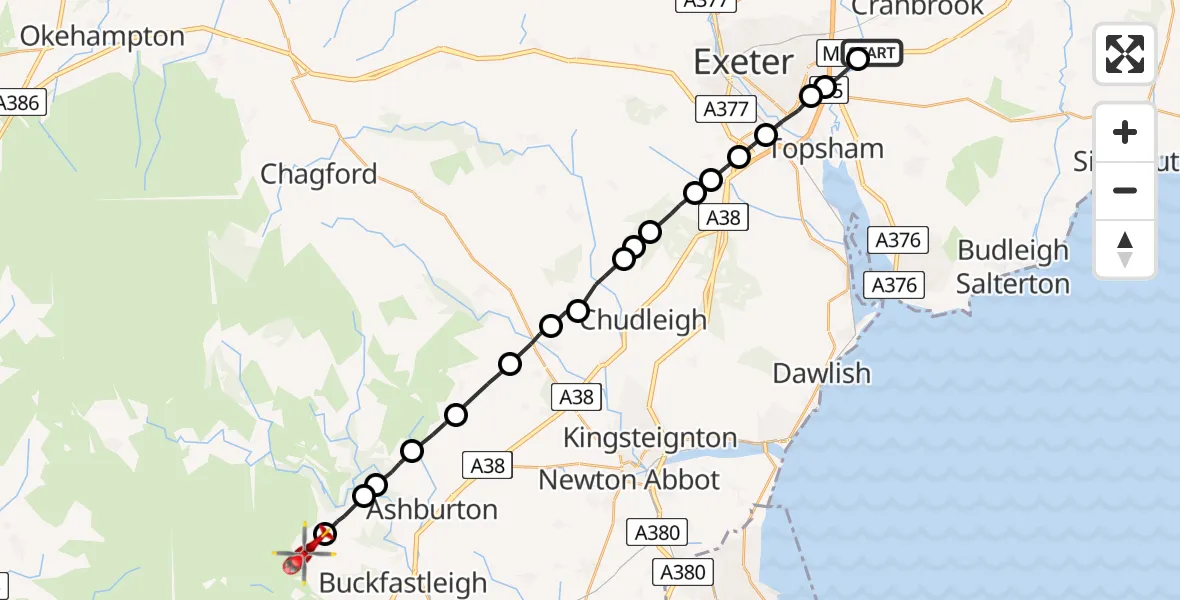 Flight path map showing Air Ambulance Helicopter route from Exeter International Airport to Combe