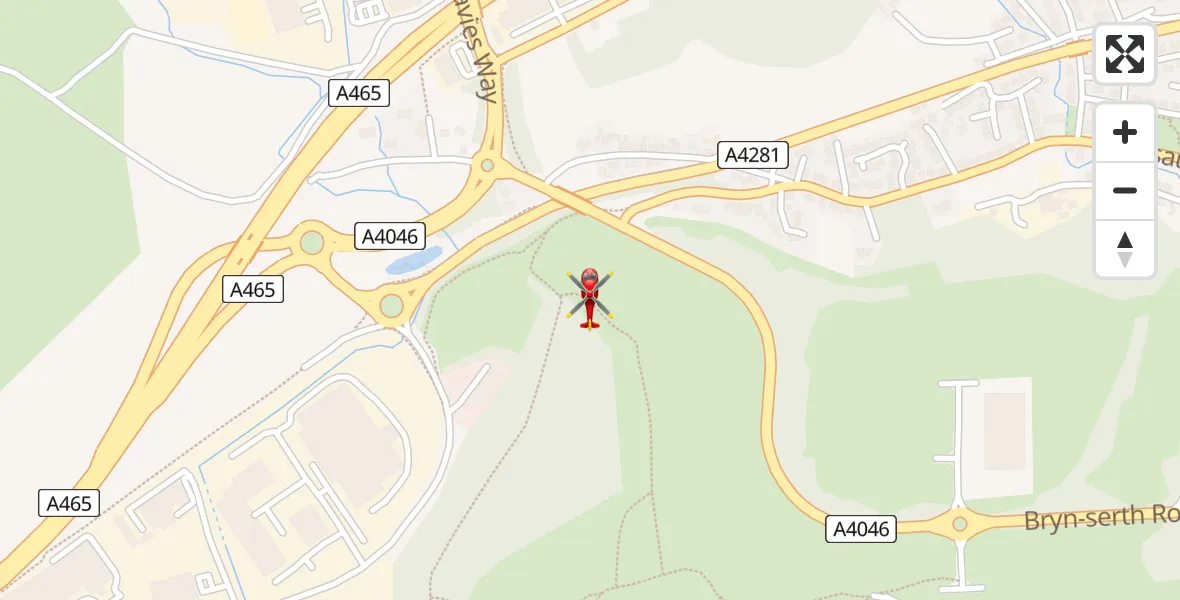 Flight path map showing Air Ambulance Helicopter route from Tredegar to Tredegar