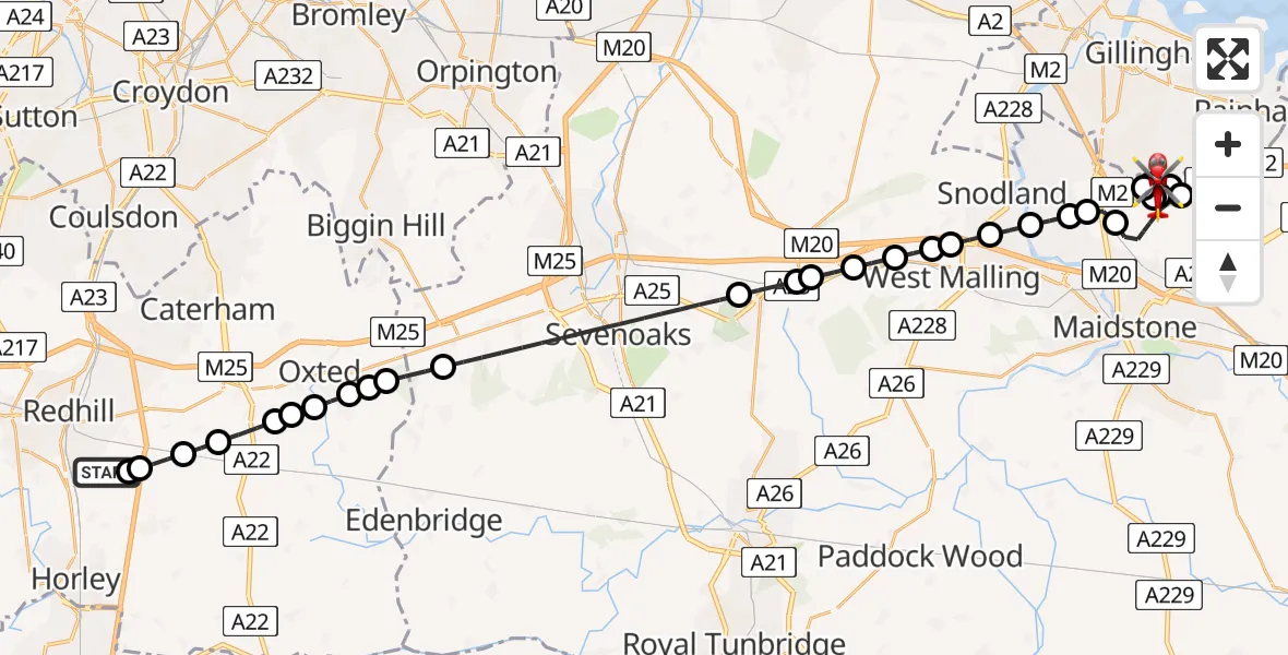 Flight path map showing Air Ambulance Helicopter route from Redhill Aerodrome to Chatham