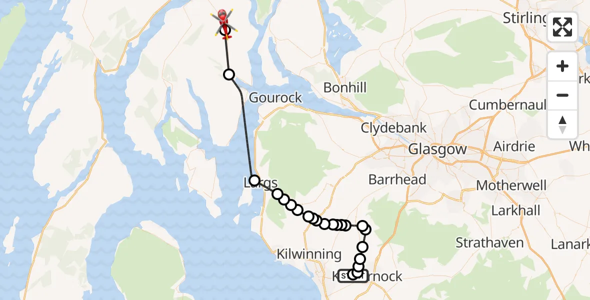Flight path map showing Air Ambulance Helicopter route from Crosshouse University Hospital to Loch Eck