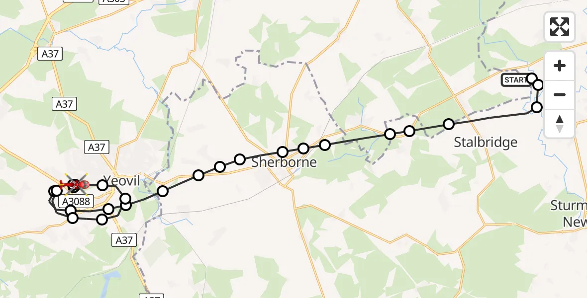 Flight path map showing Air Ambulance Helicopter route from Henstridge Airfield to Yeovil/Westland Aerodrome